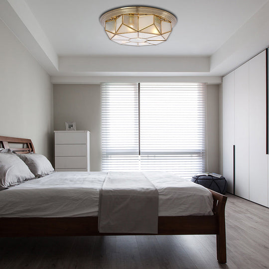 Colonial Brass Flush Mount Lamp With Sandblasted Glass For Living Room - 6 Heads Octagonal Ceiling