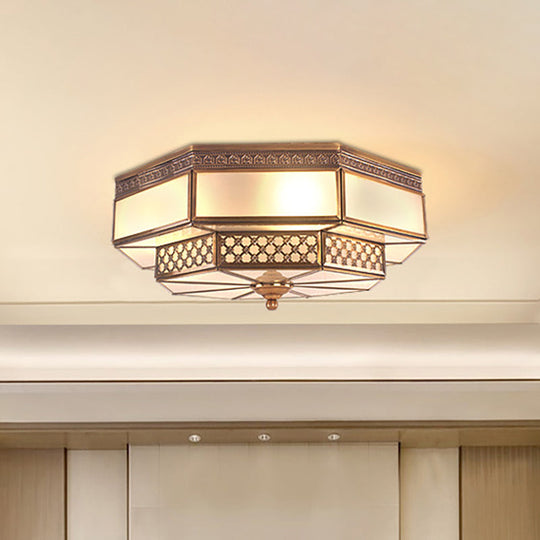 Opaline Glass Octagon Bedroom Flush Mount Light With Colonial Brass Finish - 4 Bulbs Close To