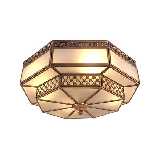 Opaline Glass Octagon Bedroom Flush Mount Light With Colonial Brass Finish - 4 Bulbs Close To