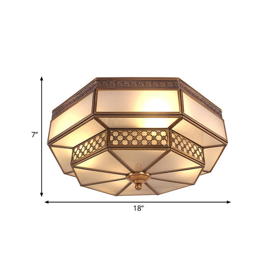 Opaline Glass Octagon Bedroom Flush Mount Light With Colonial Brass Finish - 4 Bulbs Close To