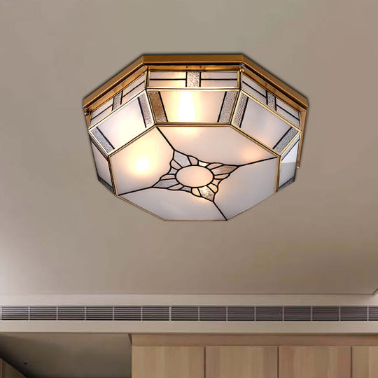 Opal Glass Flush Light With 3 Heads - Brass Finish Octagonal Shape Bedroom Ceiling Lighting