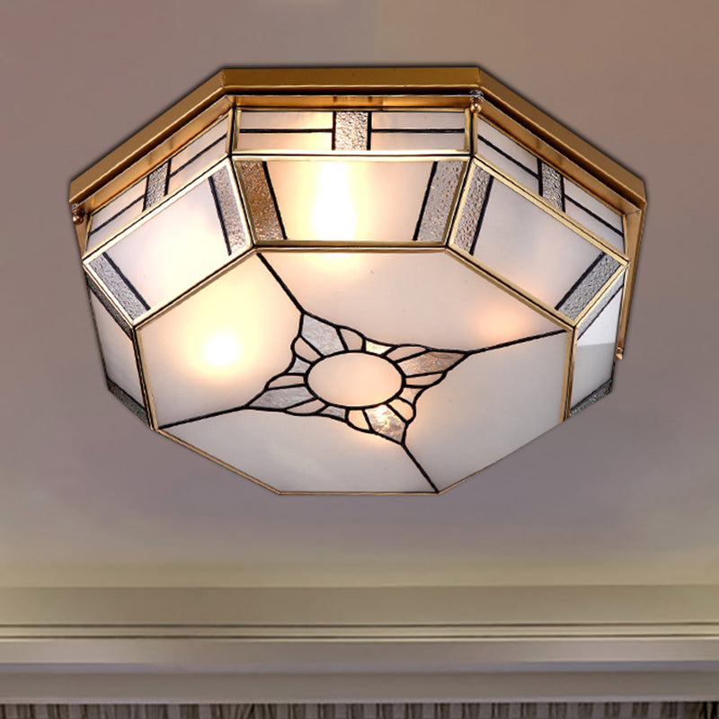 Opal Glass Flush Light With 3 Heads - Brass Finish Octagonal Shape Bedroom Ceiling Lighting