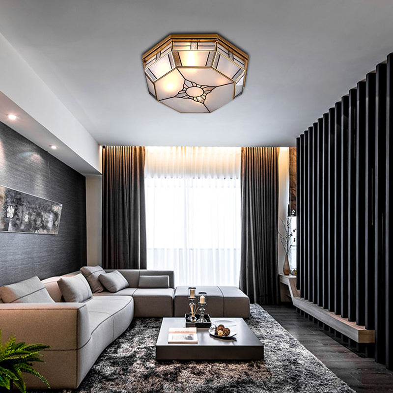 Opal Glass Flush Light With 3 Heads - Brass Finish Octagonal Shape Bedroom Ceiling Lighting