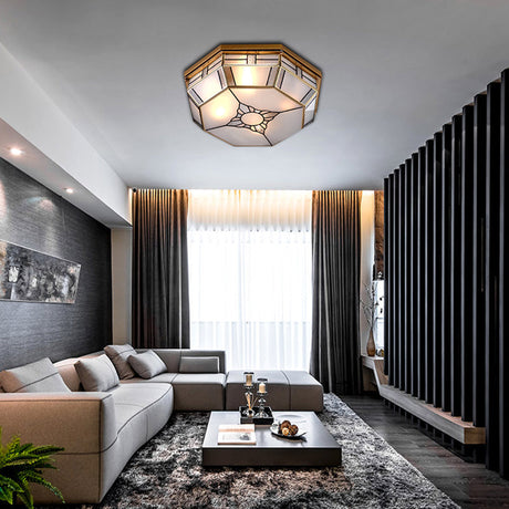 Opal Glass Flush Light With 3 Heads - Brass Finish Octagonal Shape Bedroom Ceiling Lighting