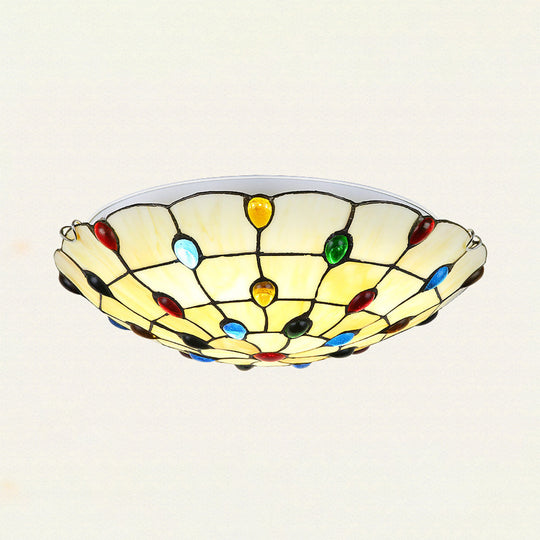 Vintage Stained Glass Flush Mount Ceiling Light - Beige Bowl Multiple Sizes Ideal For Living Room