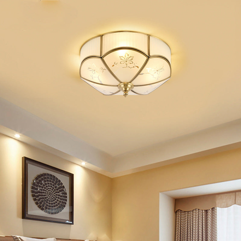 Brass Flush Mount Lamp With Colonial Sandblasted Glass - 3/4/6 Head Options