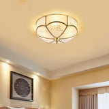 Brass Flush Mount Lamp With Colonial Sandblasted Glass - 3/4/6 Head Options