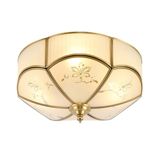Brass Flush Mount Lamp With Colonial Sandblasted Glass - 3/4/6 Head Options