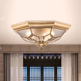 Colonial Brass Seeded Glass Flush Light Fixture For Bedroom - 3-Bulb Ceiling Mount