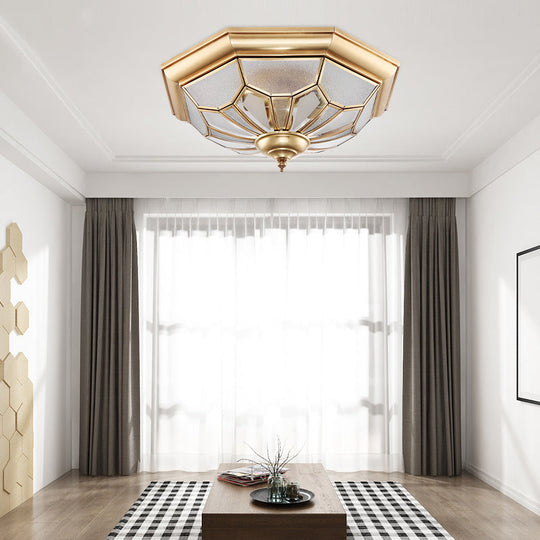 Colonial Brass Seeded Glass Flush Light Fixture For Bedroom - 3-Bulb Ceiling Mount