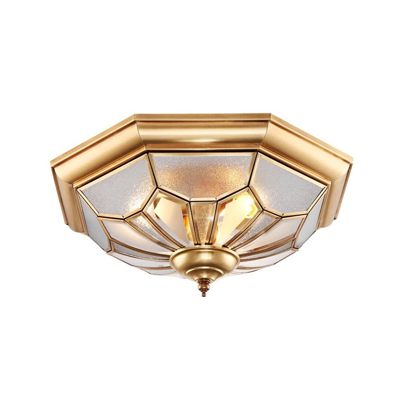 Colonial Brass Seeded Glass Flush Light Fixture For Bedroom - 3-Bulb Ceiling Mount
