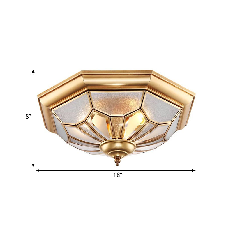 Colonial Brass Seeded Glass Flush Light Fixture For Bedroom - 3 - Bulb Ceiling Mount
