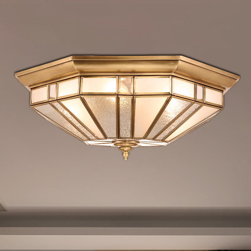 Geometric Ceiling Mount Brass Flush Light Fixture For Bedroom - Beveled Glass 4/6 Bulbs 19.5/23.5 W