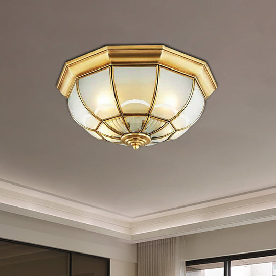 Colonialist Flush Mount Lamp For Bedroom - Frosted Glass Brass Ceiling Dome (3/4/6 Heads) 14/18/23.5