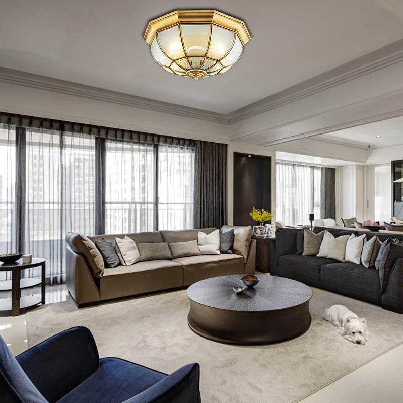 Colonialist Flush Mount Lamp For Bedroom - Frosted Glass Brass Ceiling Dome (3/4/6 Heads) 14/18/23.5