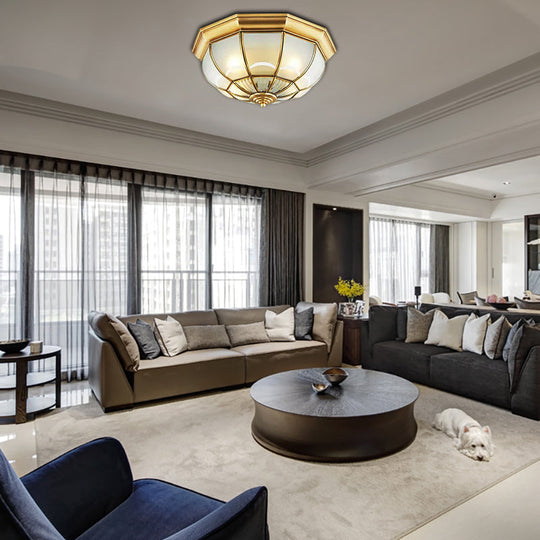 Colonialist Flush Mount Lamp For Bedroom - Frosted Glass Brass Ceiling Dome (3/4/6 Heads) 14/18/23.5