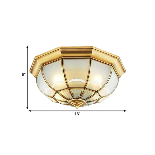 Colonialist Flush Mount Lamp For Bedroom - Frosted Glass Brass Ceiling Dome (3/4/6 Heads) 14/18/23.5