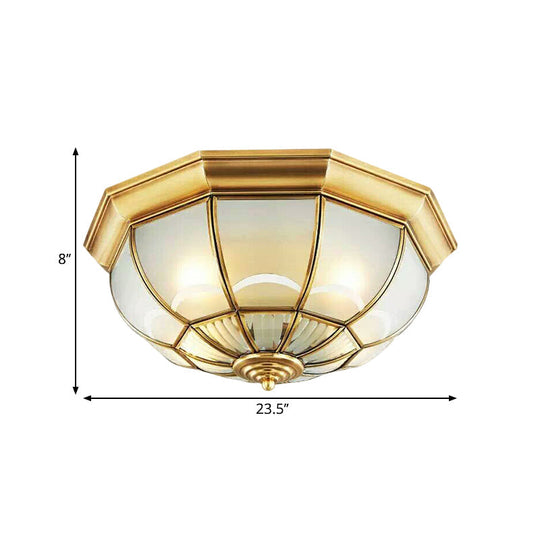Colonialist Flush Mount Lamp For Bedroom - Frosted Glass Brass Ceiling Dome (3/4/6 Heads) 14/18/23.5