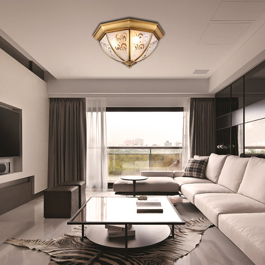 Brass Flush Mount Lamp With Sandblasted Glass Bowl - Colonial Style Ceiling Fixture For Study Room