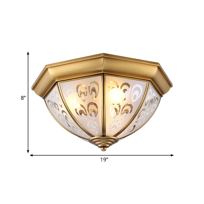 Brass Flush Mount Lamp With Sandblasted Glass Bowl - Colonial Style Ceiling Fixture For Study Room