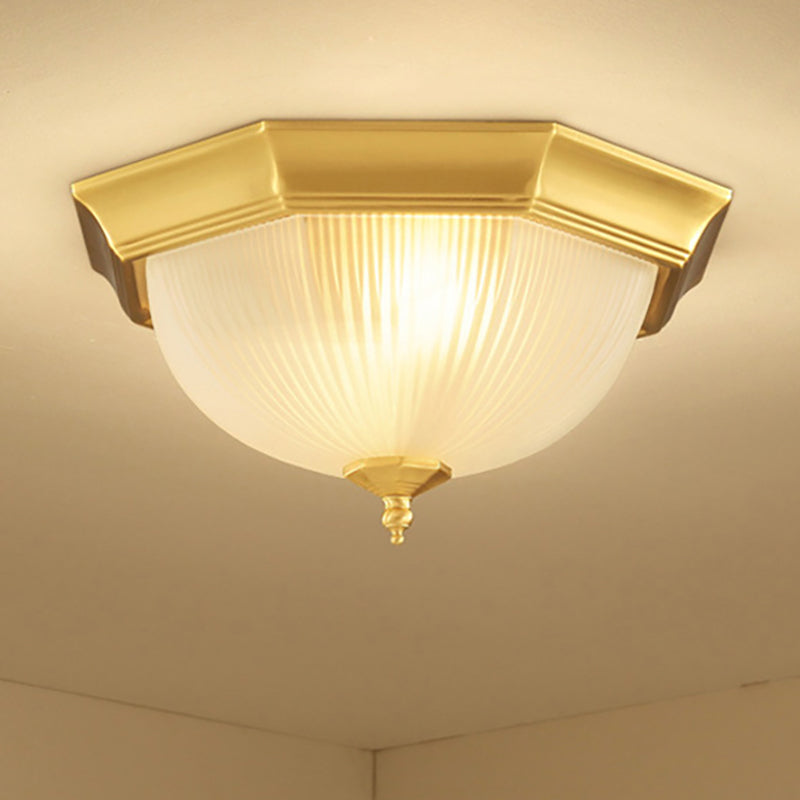 Dome Foyer Flush Mount Light - Colonial Ribbed Opal Glass Brass Finish Close To Ceiling Lamp 12.5/15