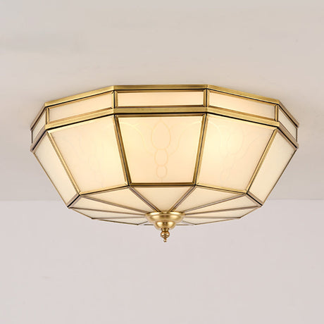 Colonial Sandblasted Glass Brass Flush Mount Lamp With Multiple Heads For Living Room Ceiling / Drum