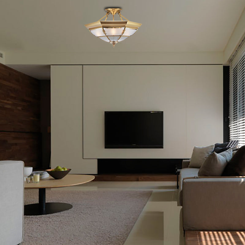 Colonial Brass Semi-Flush Ceiling Light With 3/4 White Glass 16’/19.5’ Width For Living Room