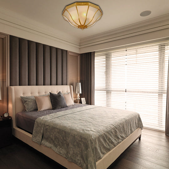 Colonial Brass Flared Bedroom Ceiling Light Opal Glass 14.5-18.5W 3/4-Light