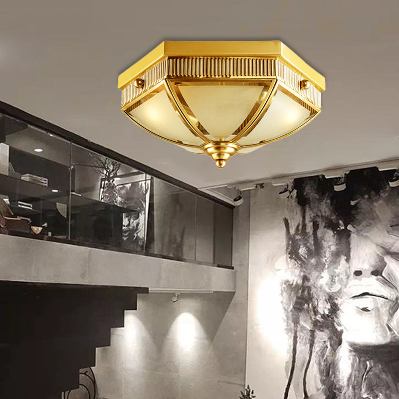 Colonial Frosted Glass Ceiling Lamp With Gold Finish - 2 Bulbs Hallway Flush Mount Light