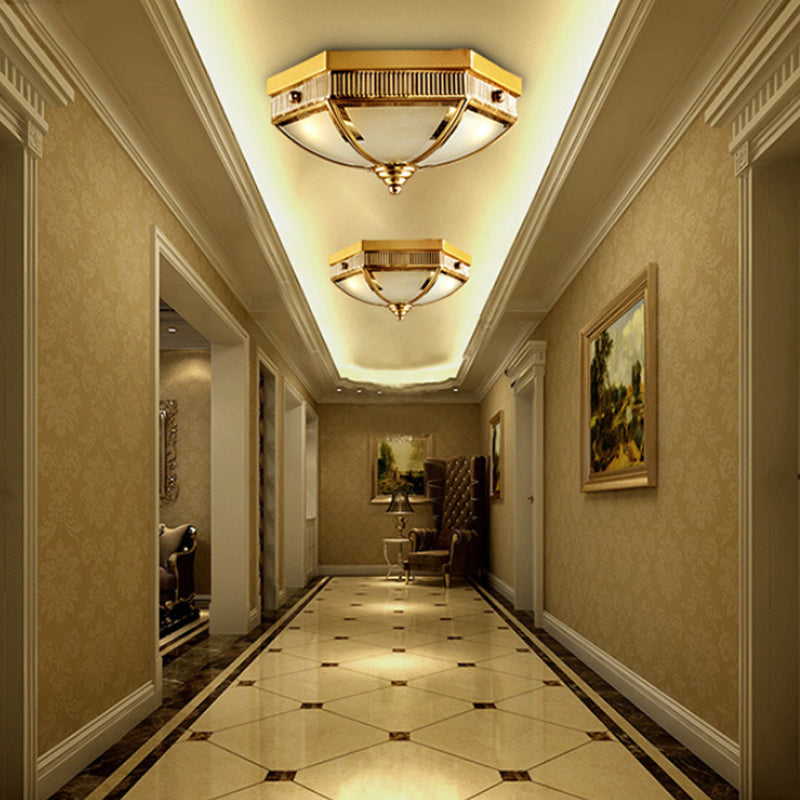 Colonial Frosted Glass Ceiling Lamp With Gold Finish - 2 Bulbs Hallway Flush Mount Light