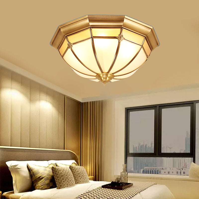 Colonial White Glass Dome Ceiling Light Fixture For Bedroom - Brass Flush Mount 3/4/6 Heads