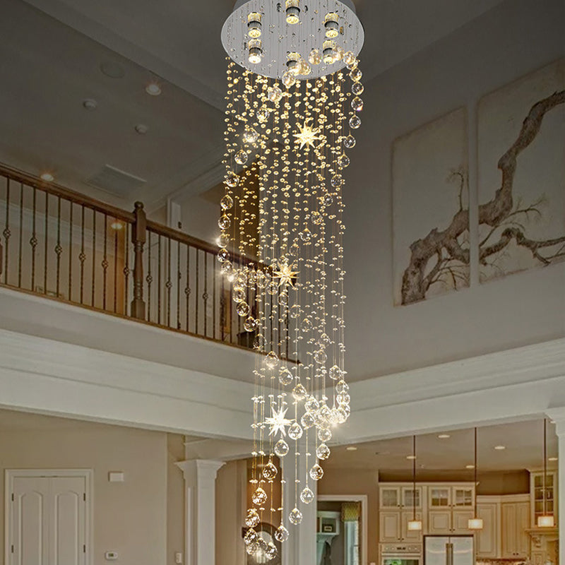 Contemporary Crystal 6-Head Spiral Flushmount Ceiling Fixture In Stainless Steel Stainless-Steel