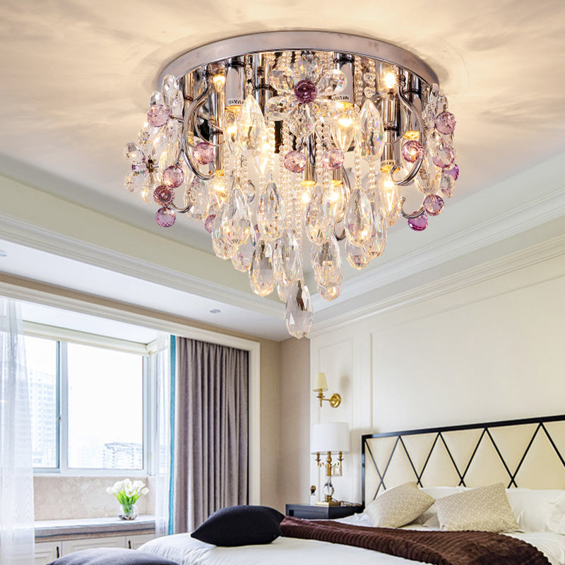 Modernist Crystal Teardrop Flushmount Ceiling Light Fixture With Stainless - Steel Frame - 6/9 Head