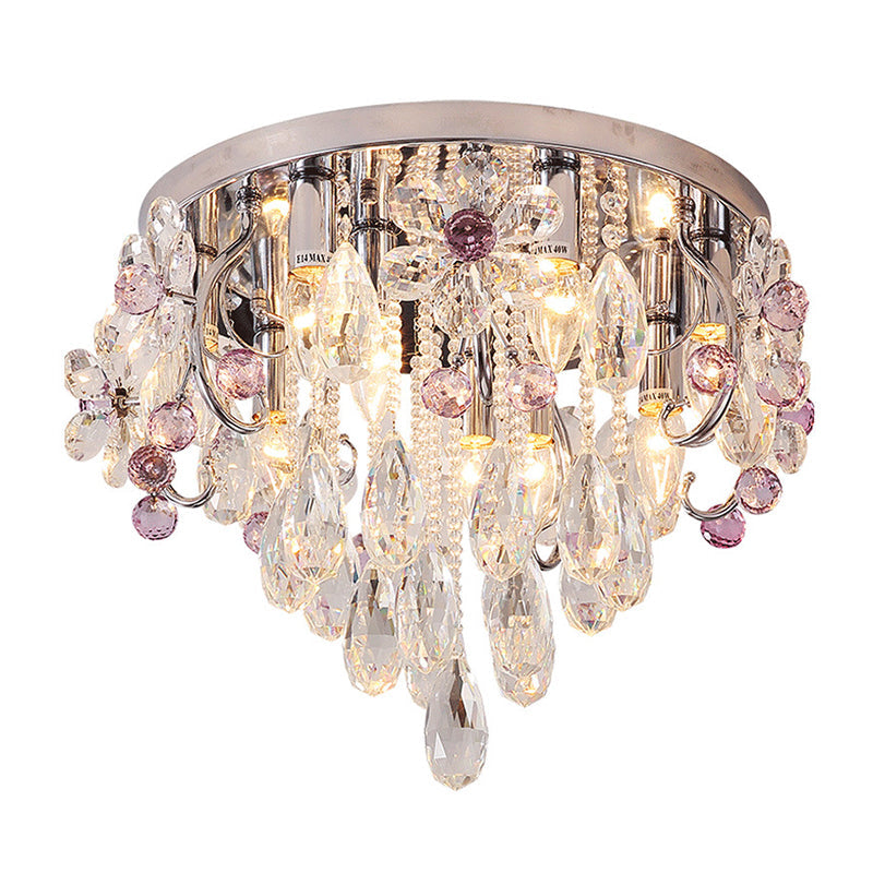 Modernist Crystal Teardrop Flushmount Ceiling Light Fixture With Stainless - Steel Frame - 6/9 Head