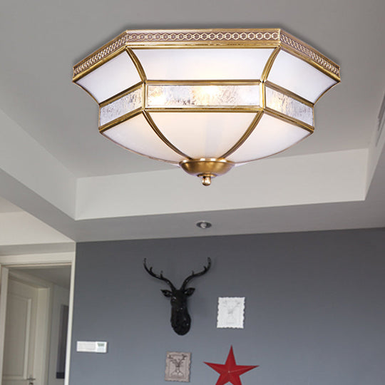 Brass Scalloped Ceiling Mounted Light With White Glass Shades - 3/4 Head Flush Mount Lamp For Living