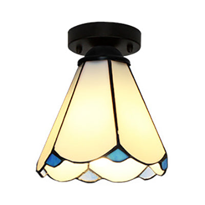 Vintage Stained Glass Conic Ceiling Light Fixture In White/Clear/Beige For Bedroom