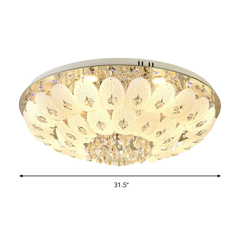 Contemporary Crystal Ceiling Light Fixture - Domed Flush Mount 7/13 Heads 23.5/31.5 Wide White