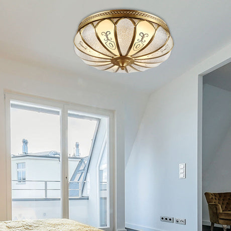 Brass Colonial 3-Light Flush Mount Ceiling Fixture With Frosted Glass Scalloped Shade For Living