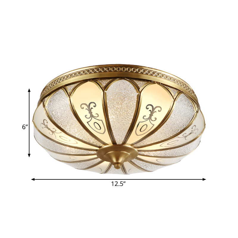 Brass Colonial 3 - Light Flush Mount Ceiling Fixture With Frosted Glass Scalloped Shade For Living