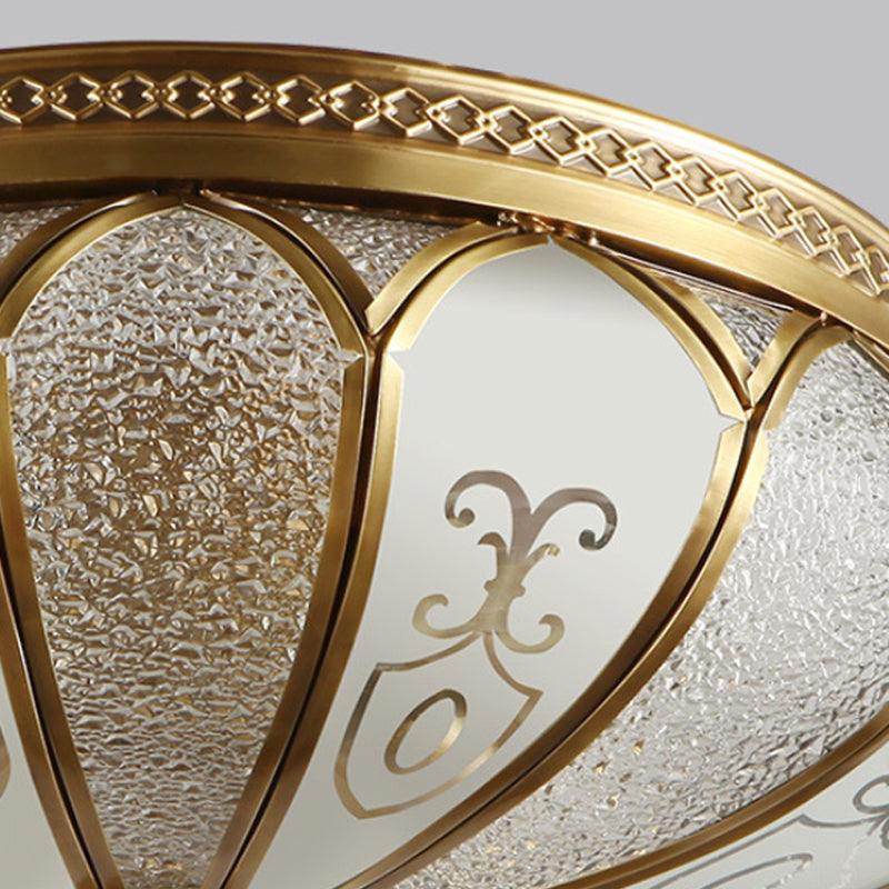 Brass Colonial 3-Light Flush Mount Ceiling Fixture With Frosted Glass Scalloped Shade For Living