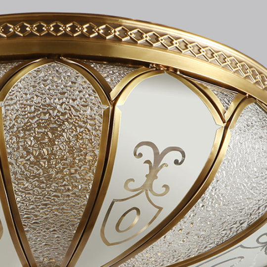 Brass Colonial 3-Light Flush Mount Ceiling Fixture With Frosted Glass Scalloped Shade For Living
