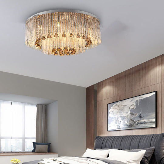 Contemporary Crystal Flush Light Fixture - Round Nickel Ceiling Mount For Living Room (9/12/18