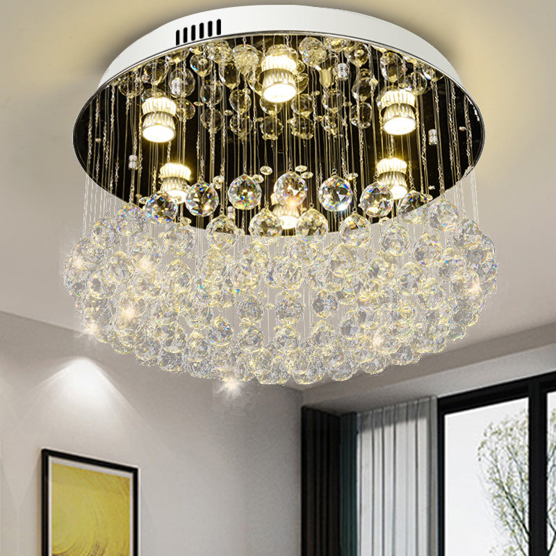 Contemporary Round Crystal Ball Flushmount Ceiling Mount Light - 6 Heads Nickel Fixture