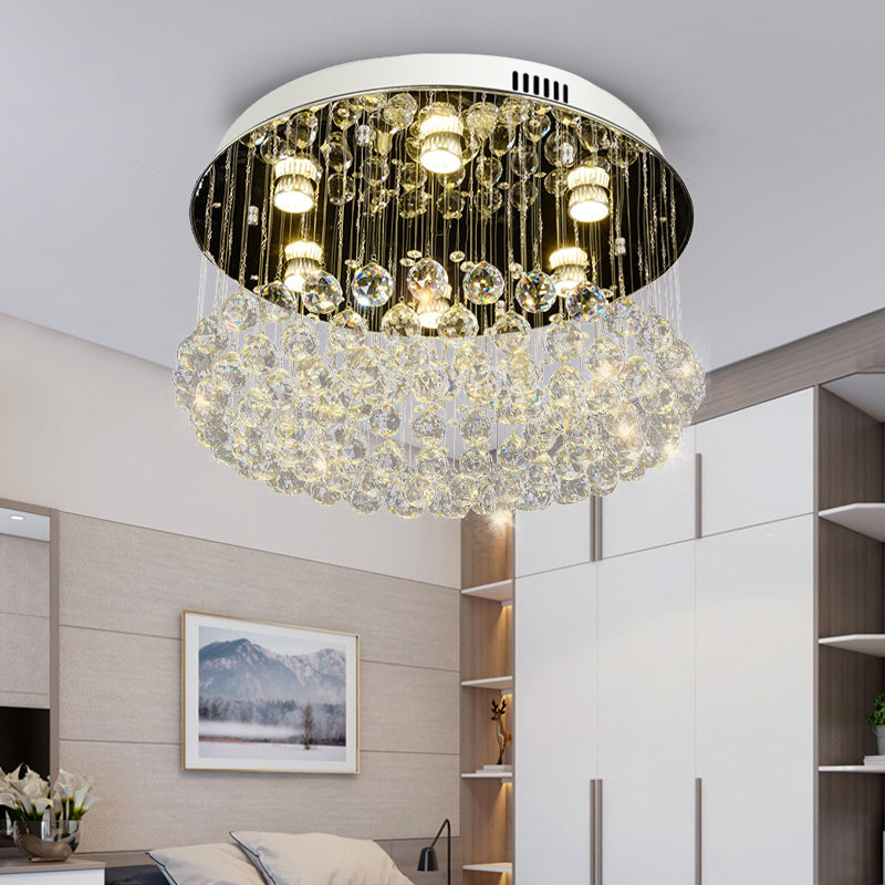 Contemporary Round Crystal Ball Flushmount Ceiling Mount Light - 6 Heads Nickel Fixture