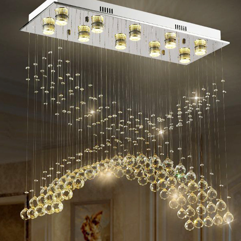 Contemporary Crystal Ceiling Light Fixture - 10 Heads Bend Flush Mount In Nickel Finish