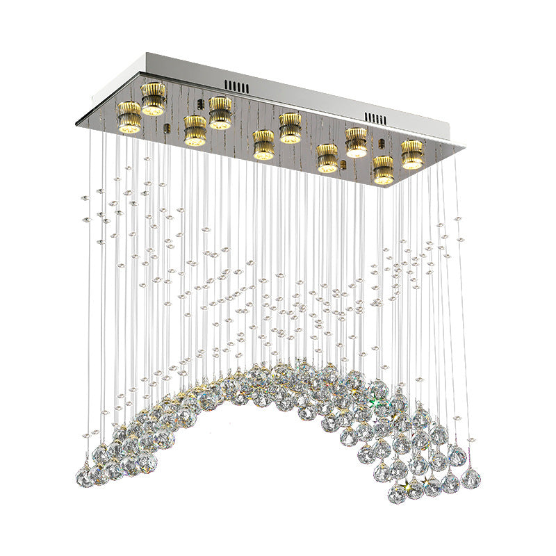 Contemporary Crystal Ceiling Light Fixture - 10 Heads Bend Flush Mount In Nickel Finish