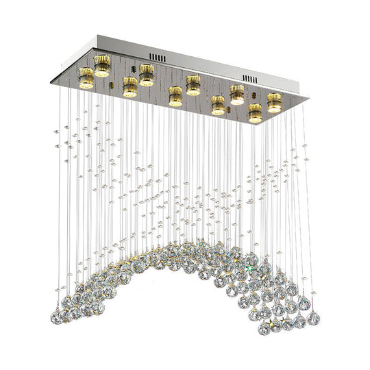 Contemporary Crystal Ceiling Light Fixture - 10 Heads Bend Flush Mount In Nickel Finish