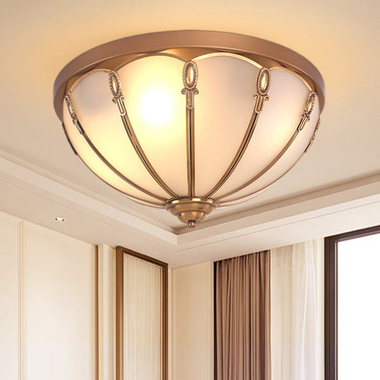 Opaline Glass Colonial Ceiling Mounted Fixture For Bedroom - Flush Mount Lamp In Brass With 3/4