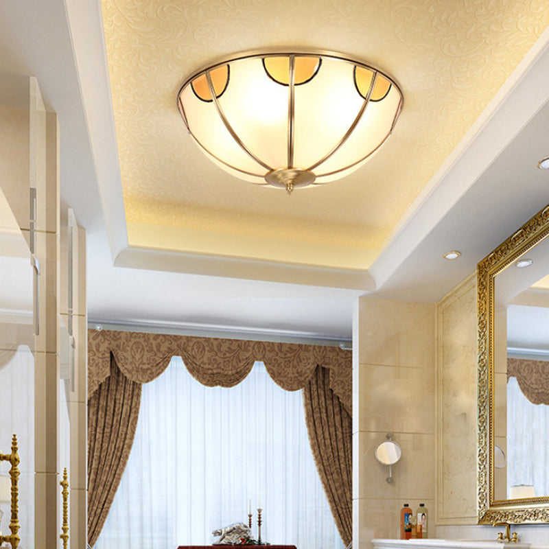 Sandblasted Glass Dome Colonial Brass Ceiling Light - 3-Light Flush Mount For Living Room