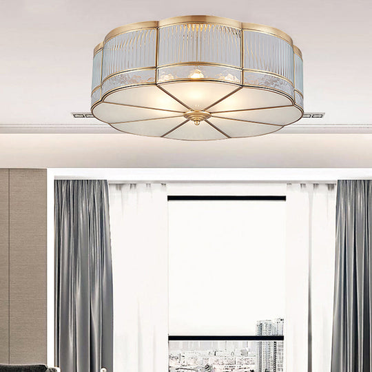Ribbed Glass Gold Ceiling Flush Mount Lamp - Clover Design With 3/4 Heads Available In 14’ Or